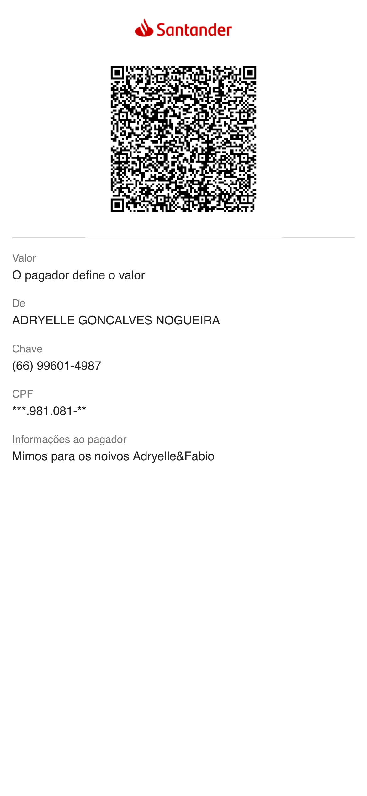 QR Code Pix para presentear Adryelle e Fábio
